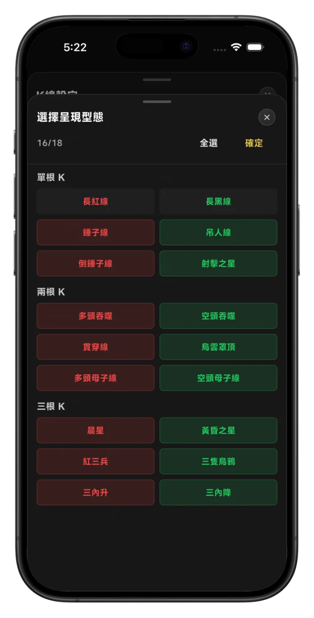 處置王呈現型態選擇畫面，依單根、兩根、三根 K 分組顯示 18 種型態