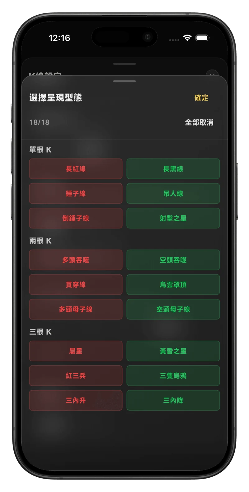 處置王 K線設定中的 18 種技術型態多選畫面